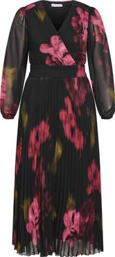 City Chic Georgina Pleated Long Sleeve Chiffon Faux Wrap Maxi Dress