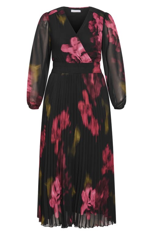 City Chic Georgina Pleated Long Sleeve Chiffon Faux Wrap Maxi Dress In Black
