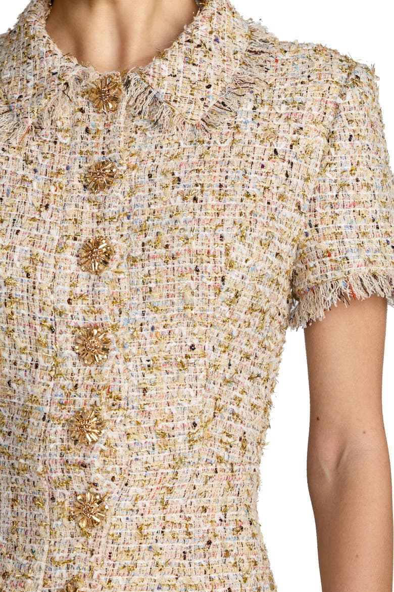 Boucle Cap Sleeve Collared Neck A Line Midi Dress, Alternate, color, Ecru Multi