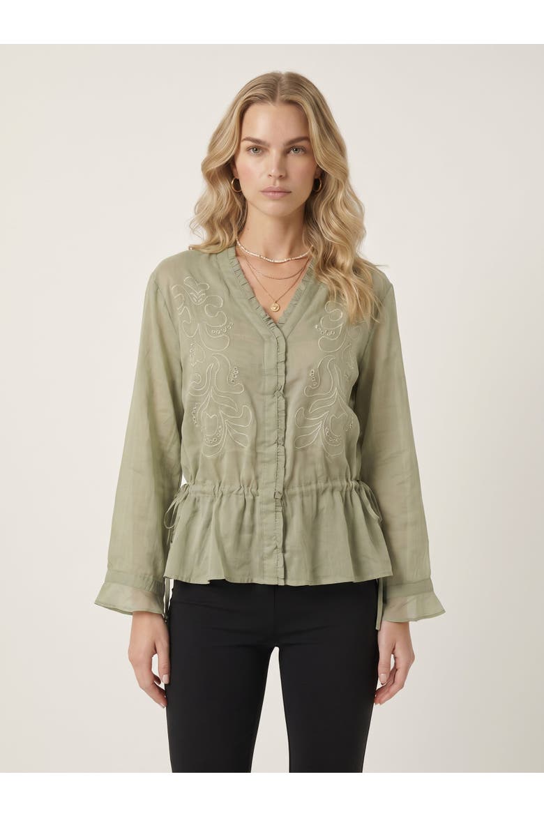 Embroidered Ruffle Trim Blouse with Drawstring Waist and Flared Cuffs, Alternate, color, Green
