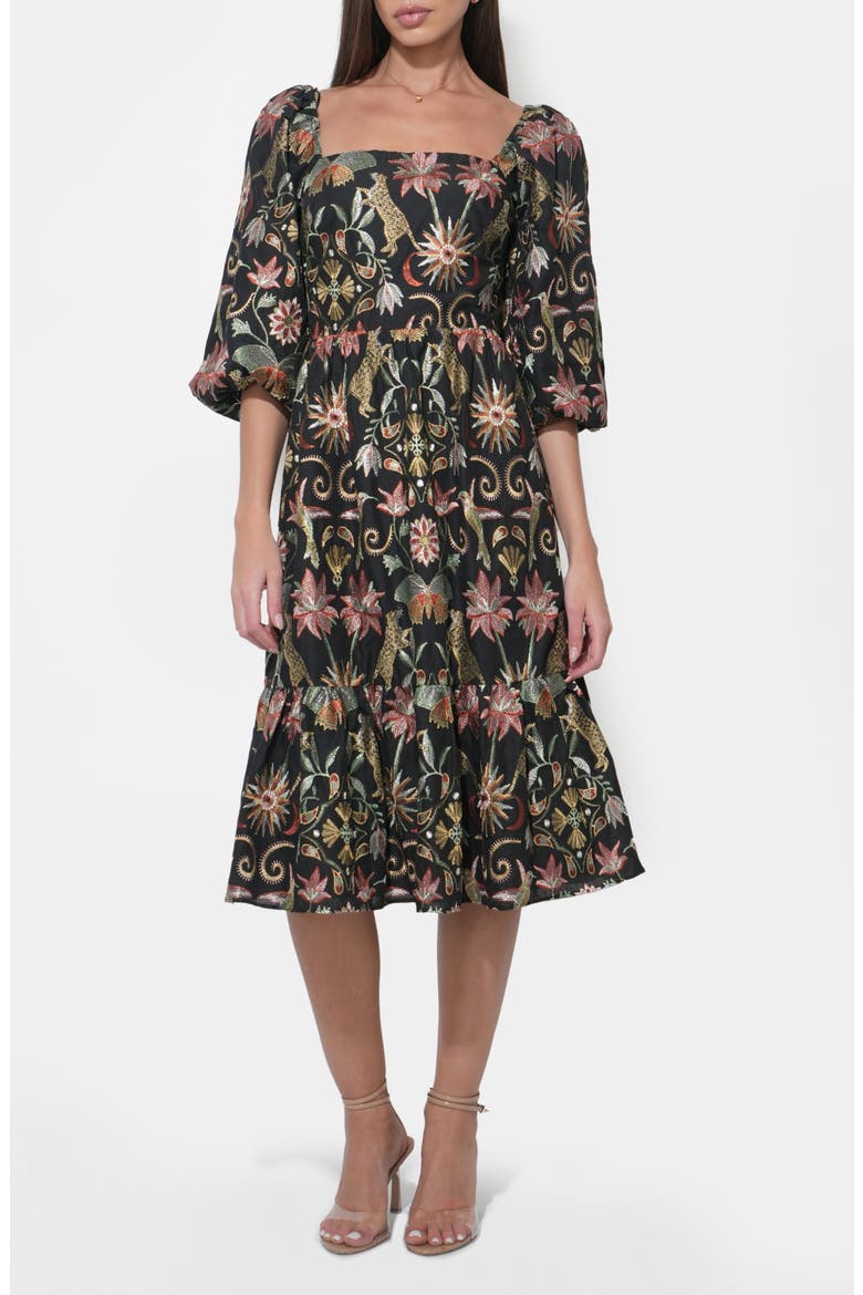 Lydia Floral Embroidery Midi Dress, Alternate, color, BLACK