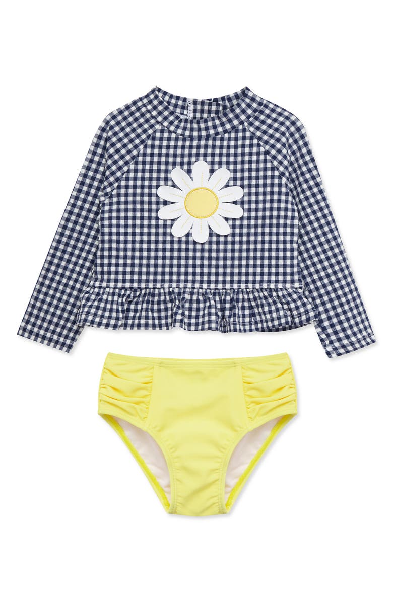 Little Me Gingham Long Sleeve Two-Piece Rashguard Swimsuit, Main, color, 