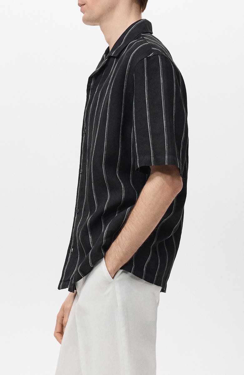 MANGO Stripe Linen Camp Shirt, Alternate, color, Black