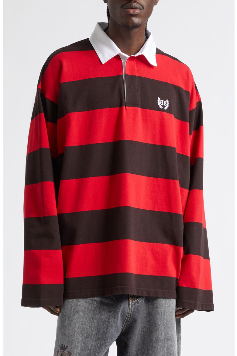Laurel Embroidered Stripe Mixed Media Rugby Polo, Main, color, 1273 DARK BROWN/ RED
