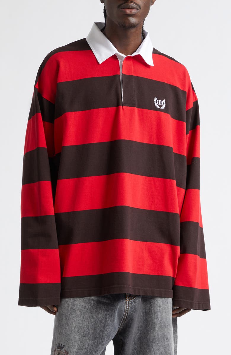 Balenciaga Laurel Embroidered Stripe Mixed Media Rugby Polo, Main, color, 1273 Dark Brown/ Red