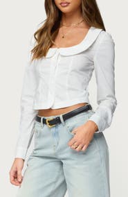 EDIKTED Scoop Neck Button-Up Shirt