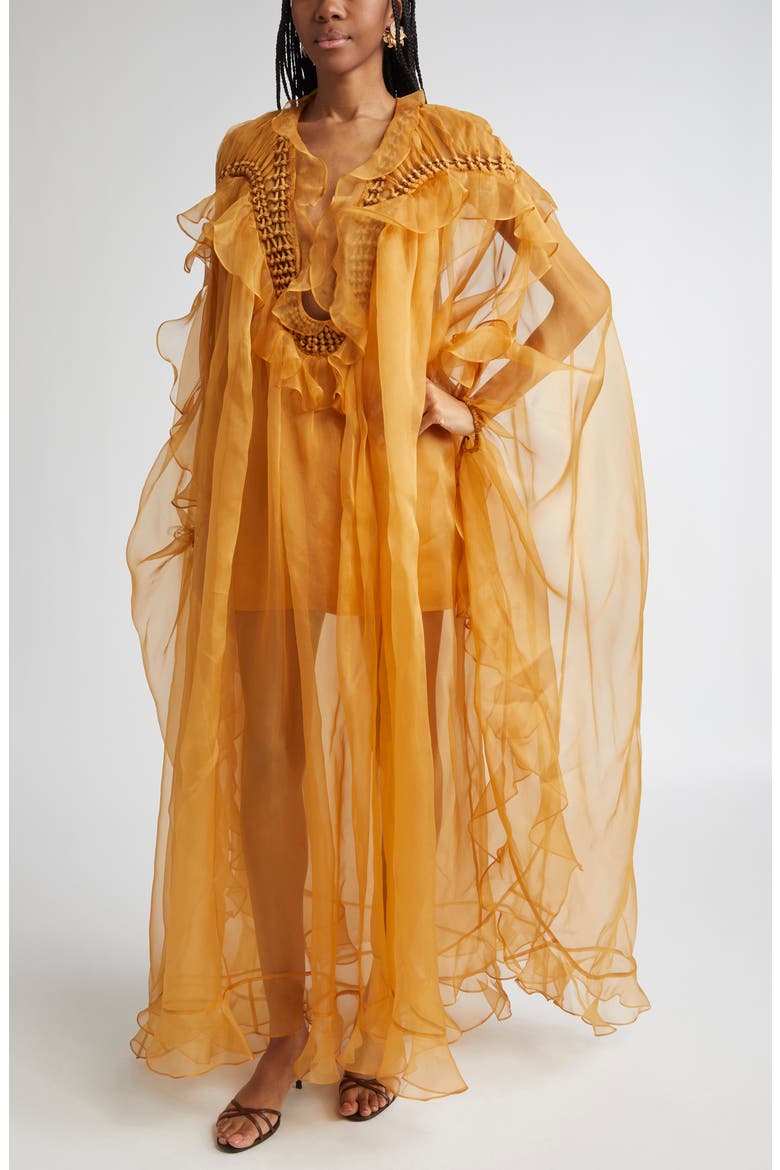 Balance Braided Trim Semisheer Silk Organza Gown, Alternate, color, TAN