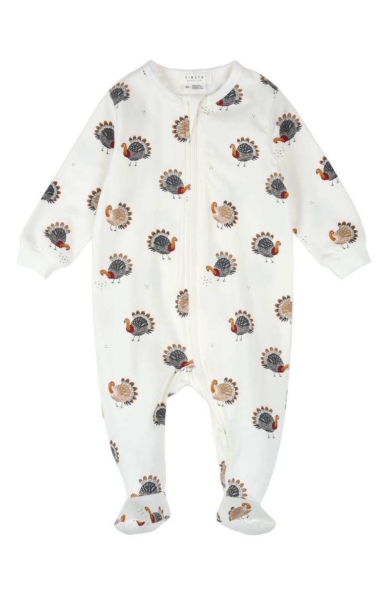 FIRSTS by Petit Lem Turkey Print Footie, Main, color, Off White