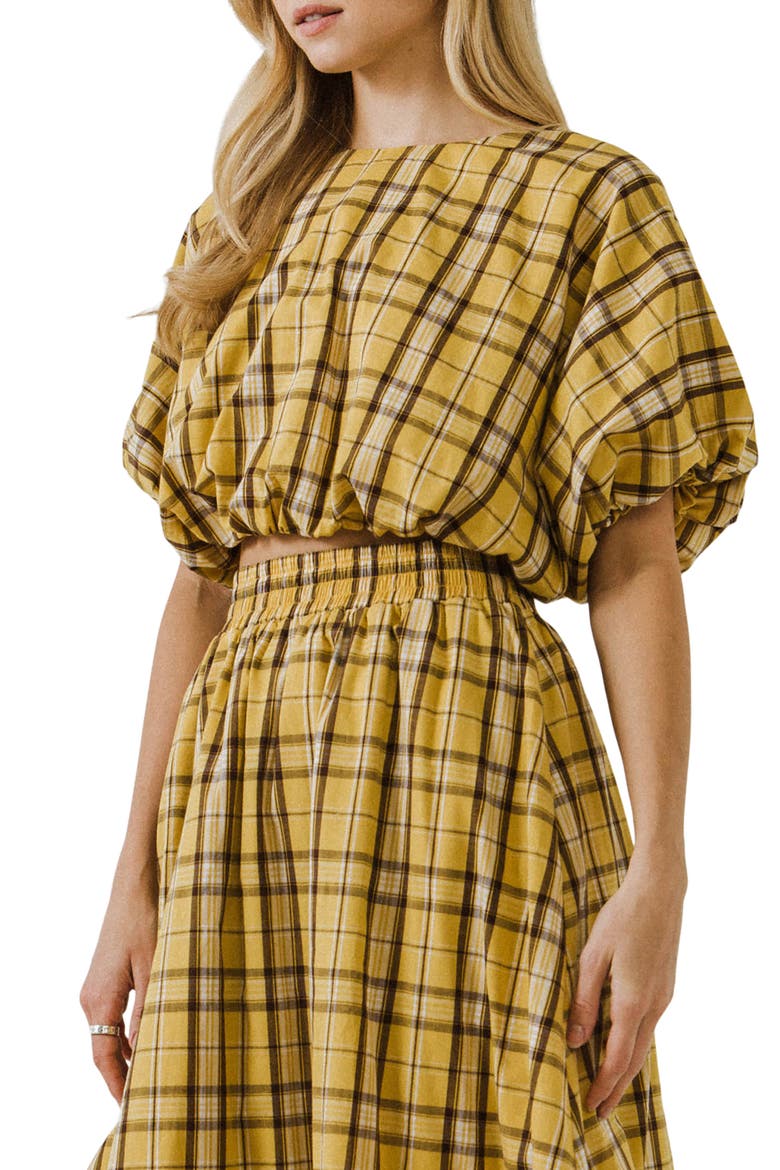 Plaid Puff Sleeve Crop Top, Alternate, color, YELLOW MULTI