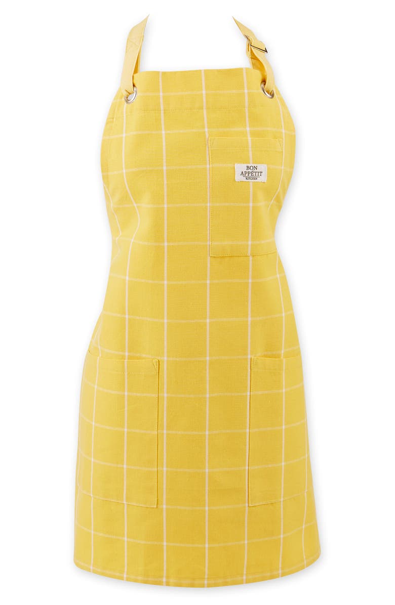 Design Imports Windowpane Print Cotton Apron, Main, color, Yellow