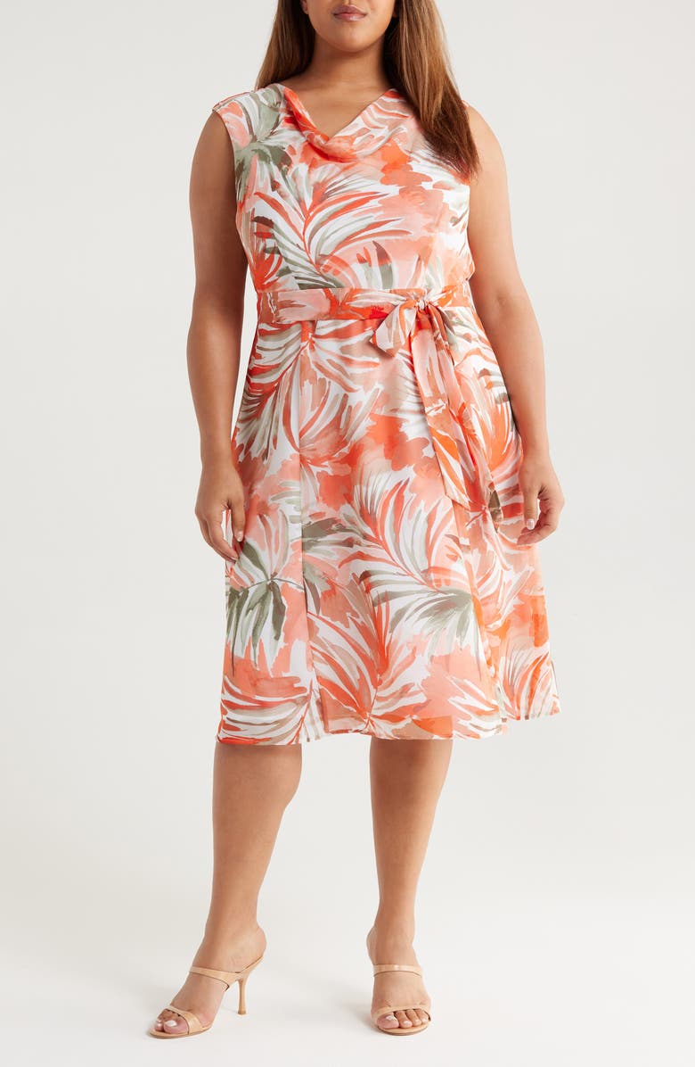 KASPER Botanical Print Cowl Neck Midi Dress, Main, color,