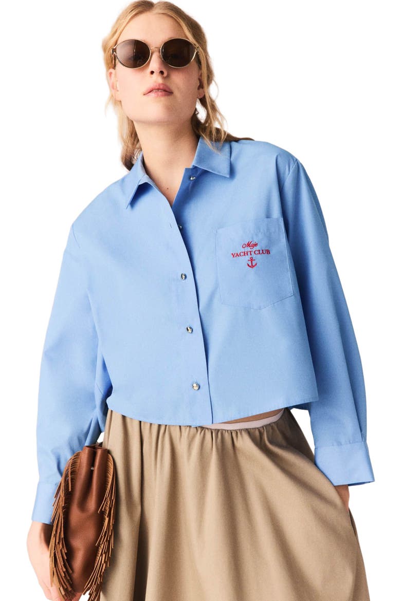 Pleated back embroidered shirt, Main, color, Blue