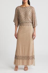Pisarro Nights Diamond Motif Mesh Blouson Gown