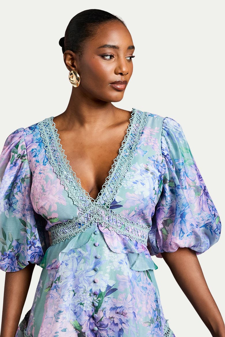 Lace Trim Puff Sleeve Organza Mini Dress, Alternate, color, Sage