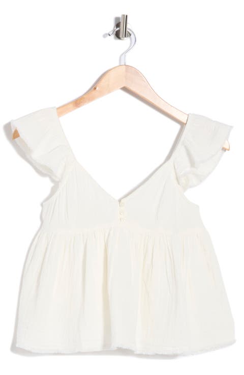 Cotton Gauze Flutter Sleeve Babydoll Top