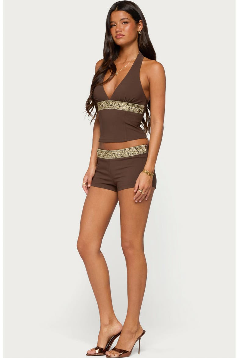 Jasia Sequin Waist Micro Shorts, Alternate, color, BROWN