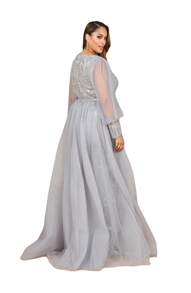 LARA New York Long Sleeve Lace Gown with Removable Over Skirt, Alternate, color, Silver