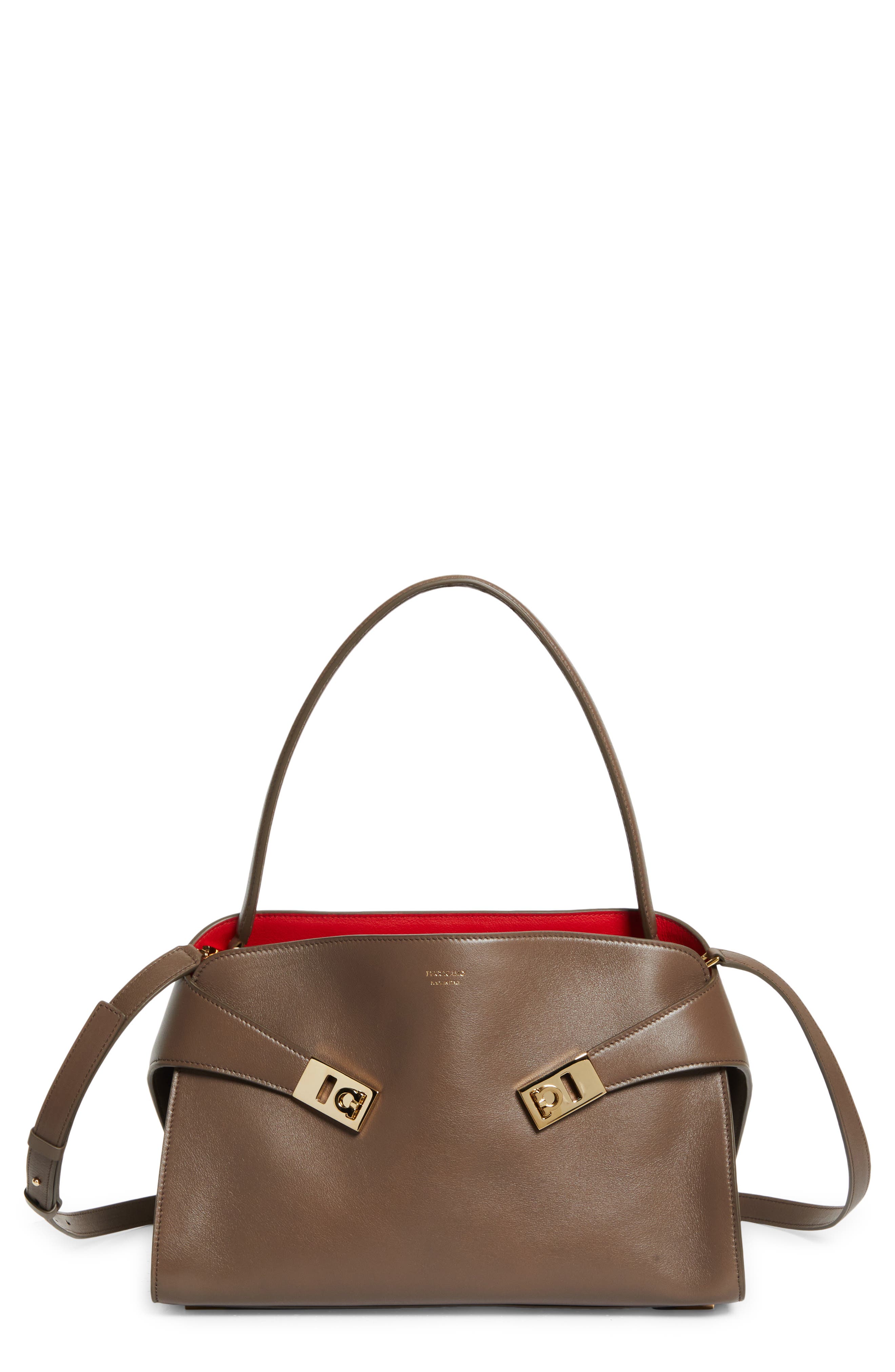 FERRAGAMO Small Hug Leather Top Handle Bag, Main, color, Clay/ Flame Red