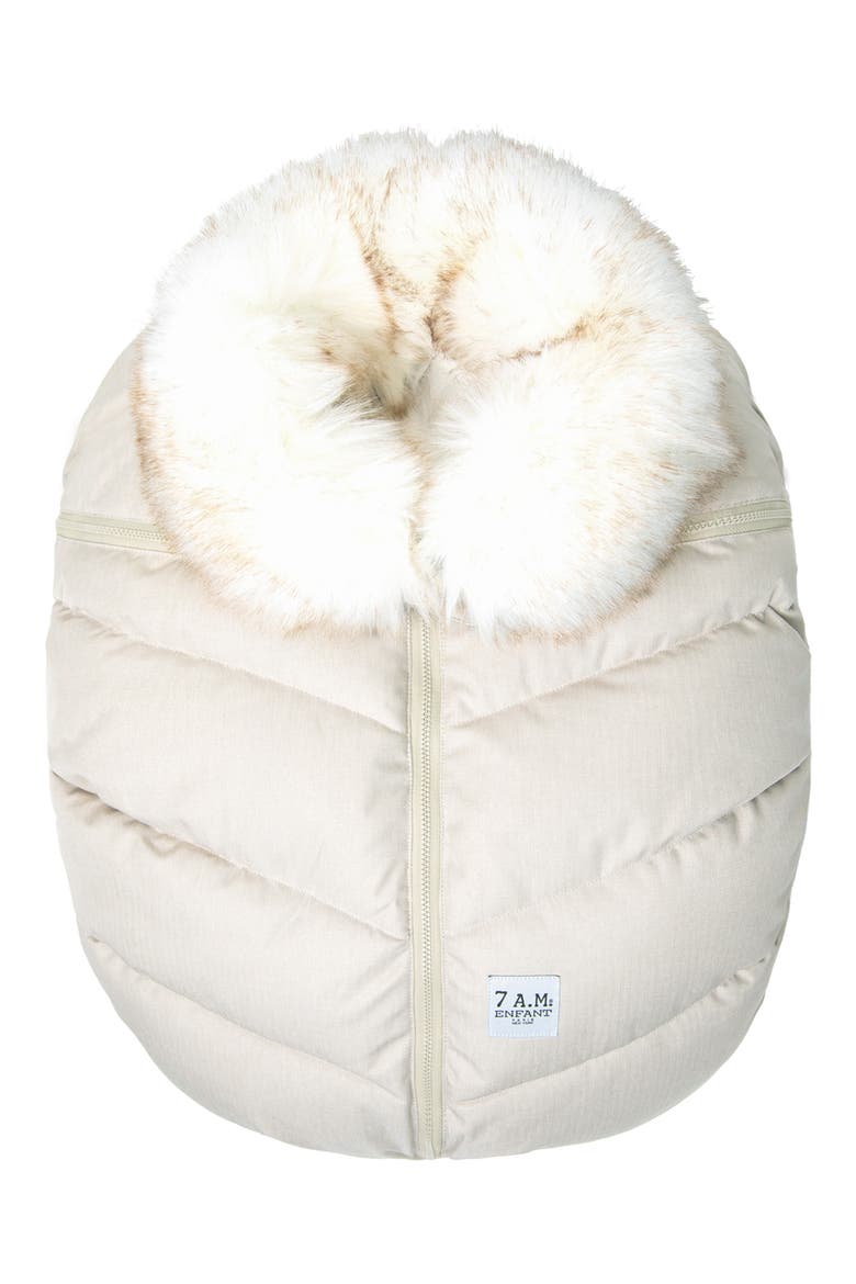 Water Repellent Faux Fur Trim Car Seat Cocoon, Alternate, color, BEIGE HEATHER WHITE FUR