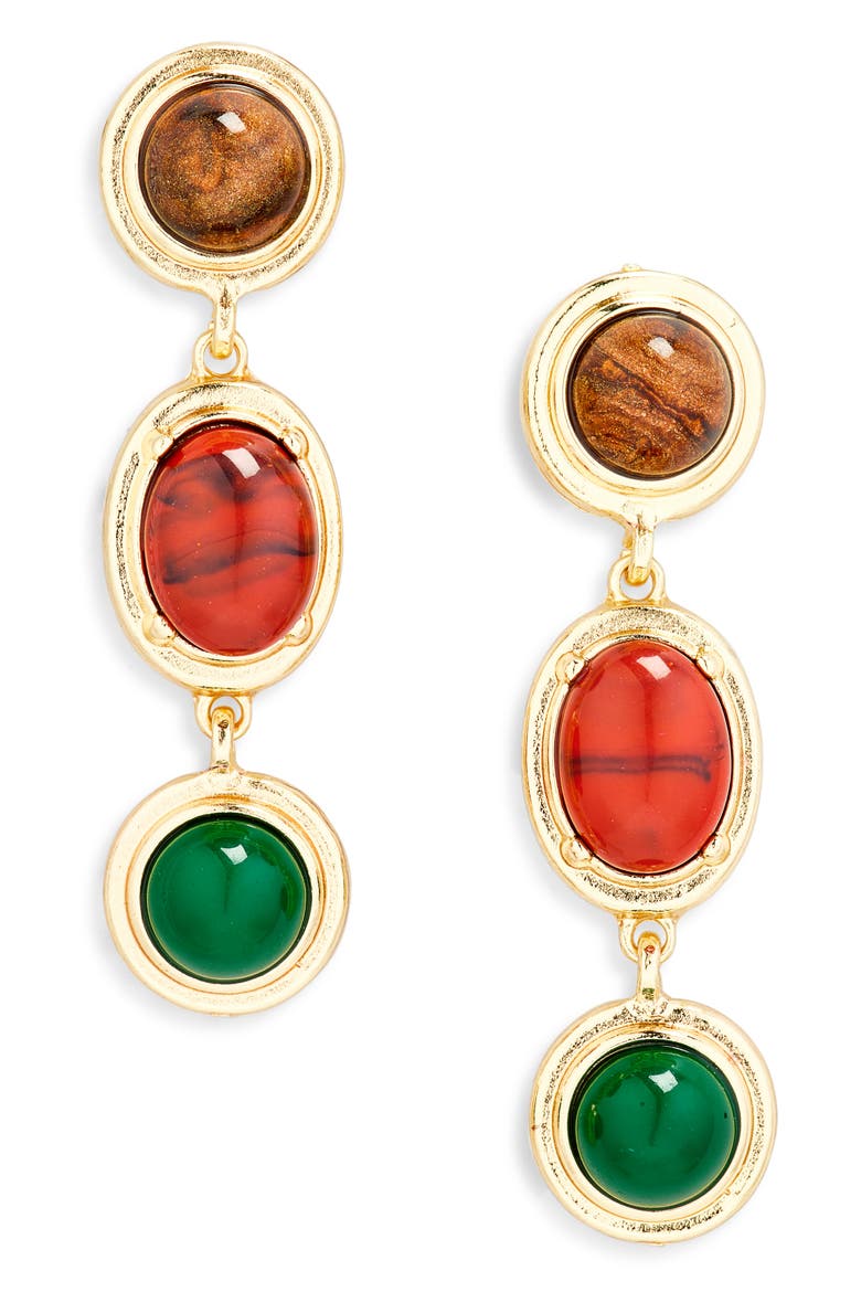 Cabochon Triple Drop Earrings, Main, color, RED/GREEN/GOLD MULTI