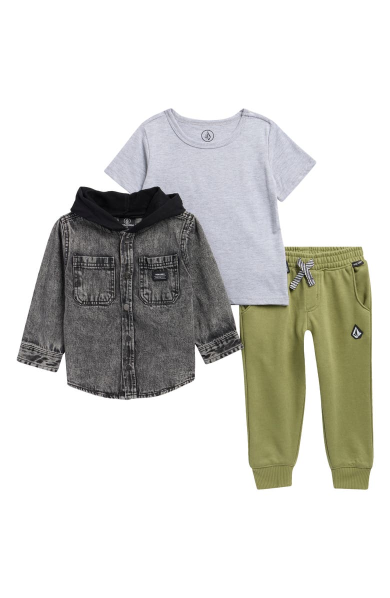 Volcom Kids' Hooded Shacket, T-Shirt & Joggers Set, Main, color, Black Wash