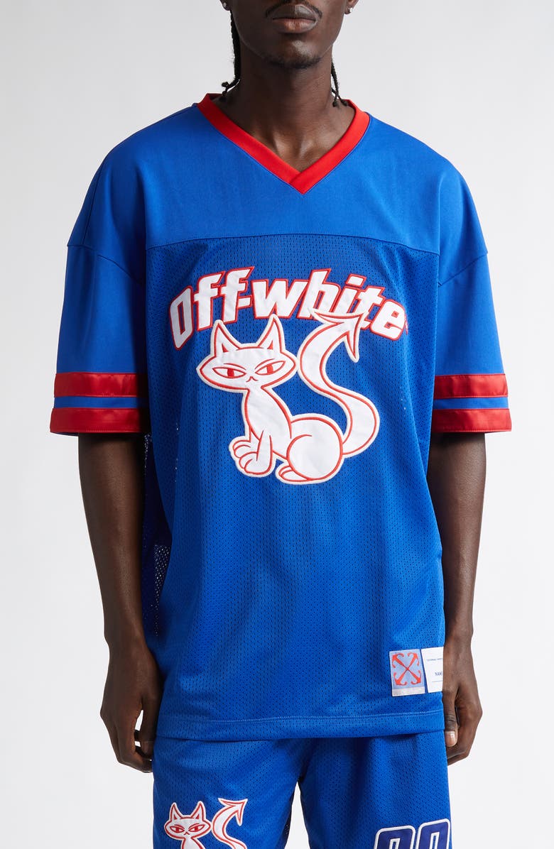 Off-White Cat Logo V-Neck Football Mesh Graphic T-Shirt, Main, color,