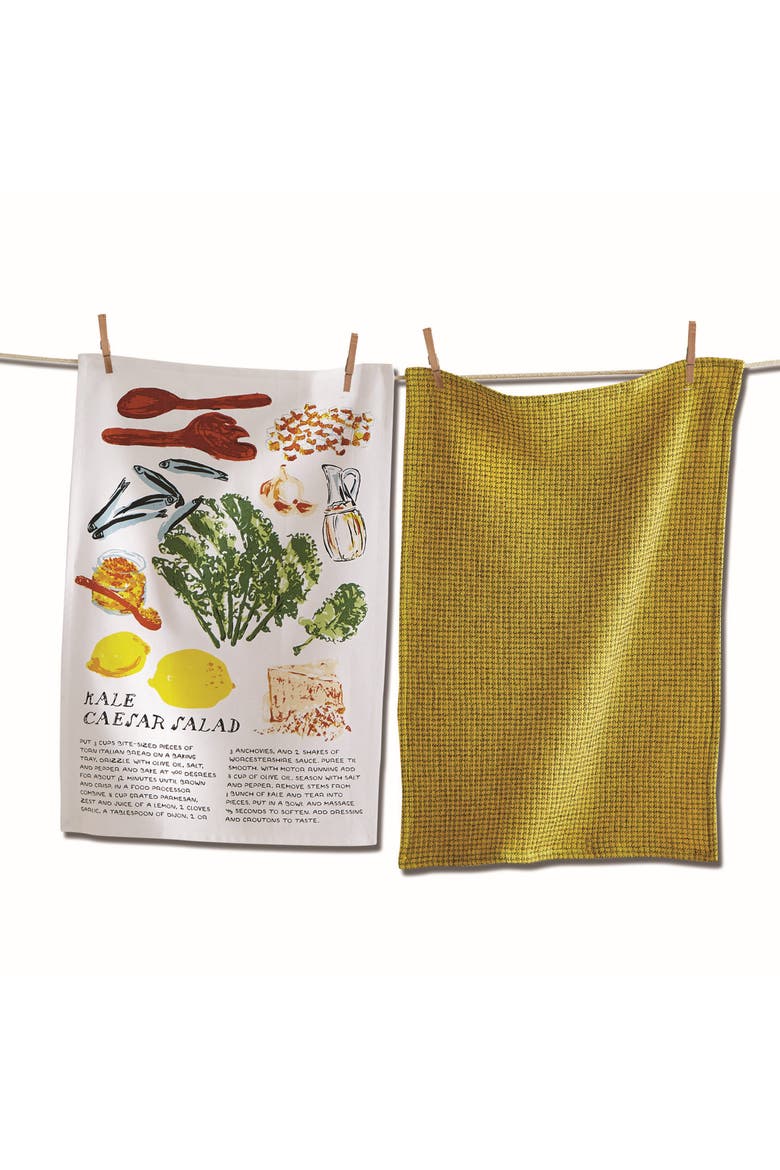 Kale Caesar Salad Dishtowel Set of 2 Multicolor Cotton Towels, Main, color, Yellow