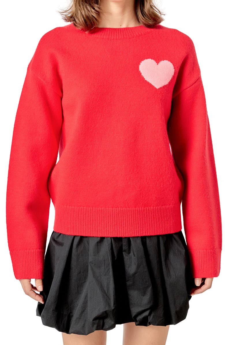 English Factory Heart Crewneck Sweater, Alternate, color, Red/ Pink