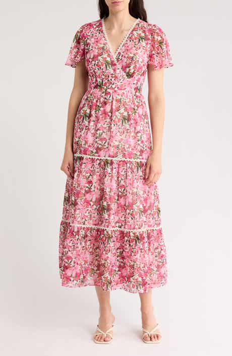 Anne Klein Floral Flutter Sleeve Tiered Maxi Dress