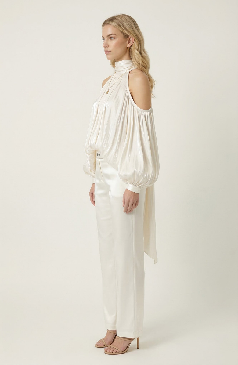 Modenaire High Neck Cold Shoulder Satin Blouse, Alternate, color, Ivory