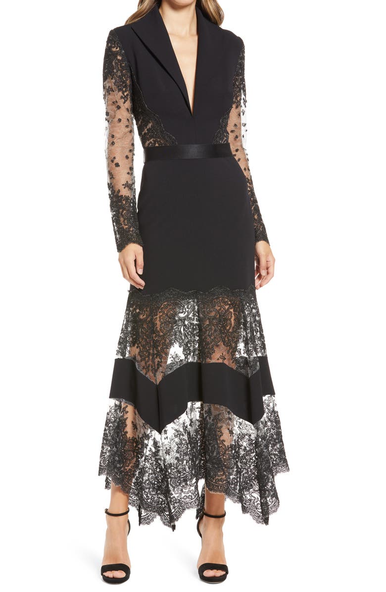 Tadashi Shoji Lace Detail Plunge Neck Long Sleeve Crepe Gown, Main, color, 