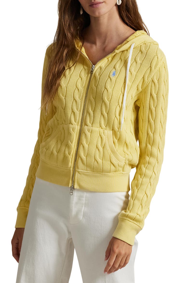 Cable Knit Cotton Full Zip Hoodie, Main, color, FALL YELLOW