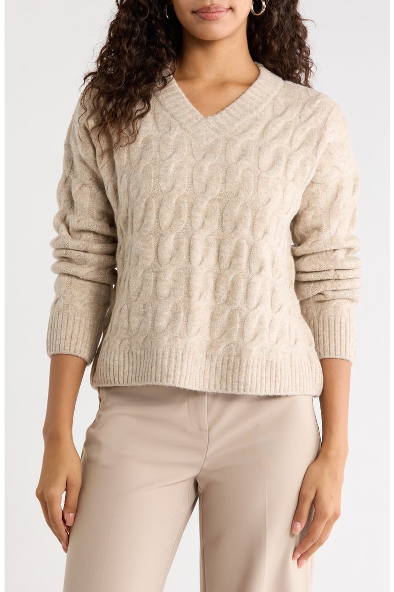 Cable Knit V-Neck Sweater, Main, color, OATMEAL
