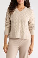 Halogen® Cable Knit V-Neck Sweater