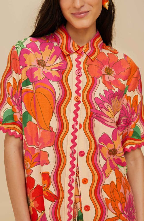 Farm Rio Spring Affair Linen Short-sleeve Buttondown Shirt