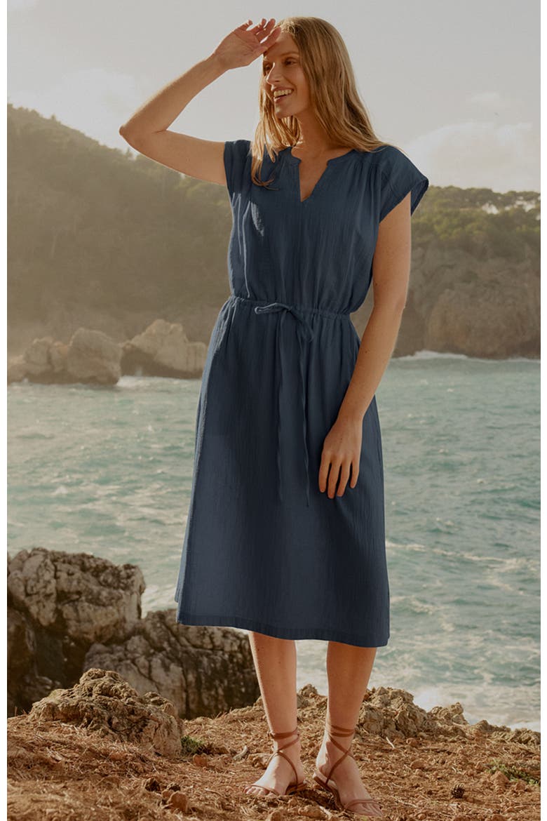 coastal double gauze short sleeve dress Organic Cotton Coastal Double Gauze Tie Waist Midi Dress (Women)