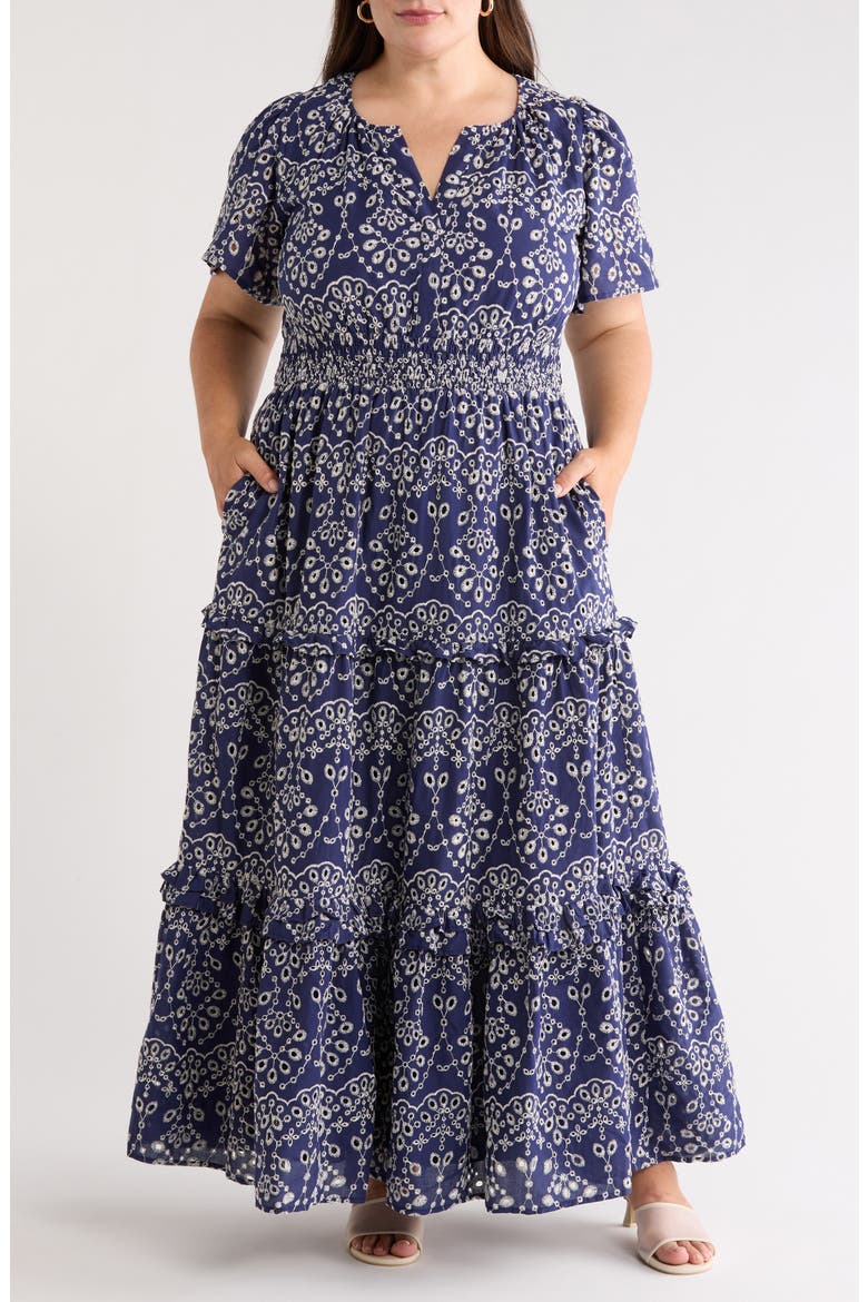 Viridiana Tiered Floral Eyelet Maxi Dress, Main, color, DENIM BLUE