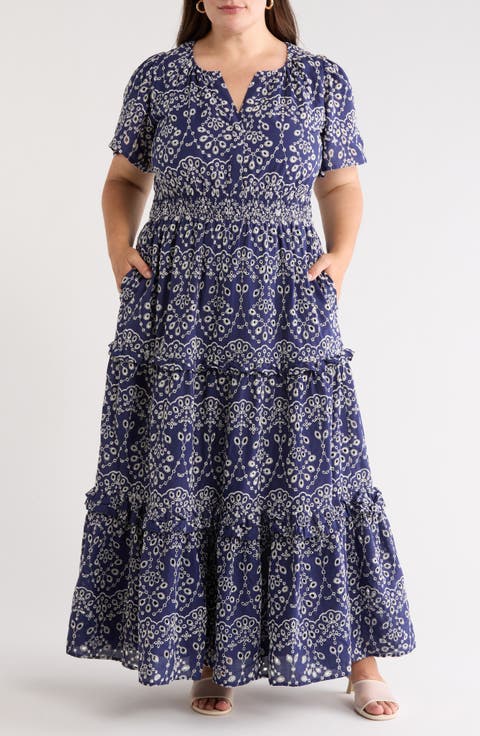Viridiana Tiered Floral Eyelet Maxi Dress