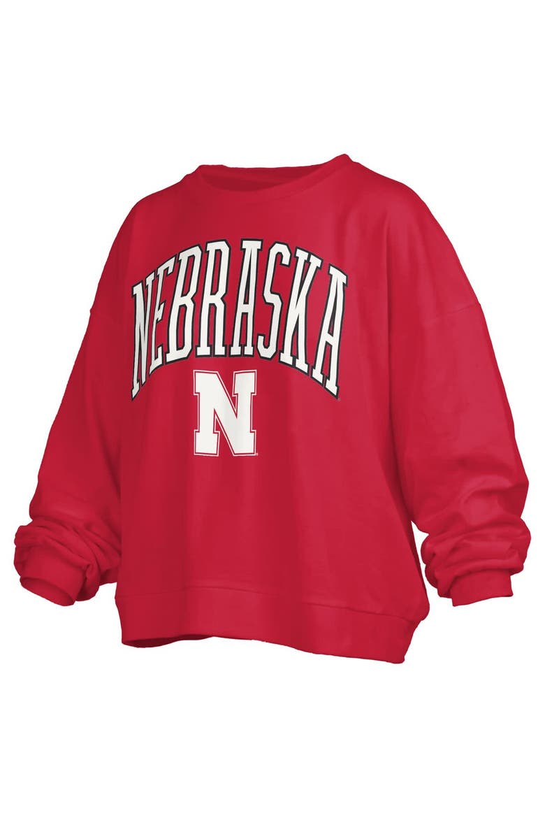 Women's Pressbox Scarlet Nebraska Huskers Janise Arch Over Logo Waist Length Oversized Pullover Sweatshirt, Alternate, color, Scarlet