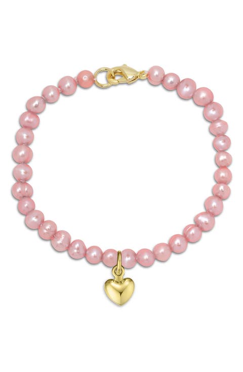 Kids' Pink Freshwater Pearl Heart Charm Bracelet