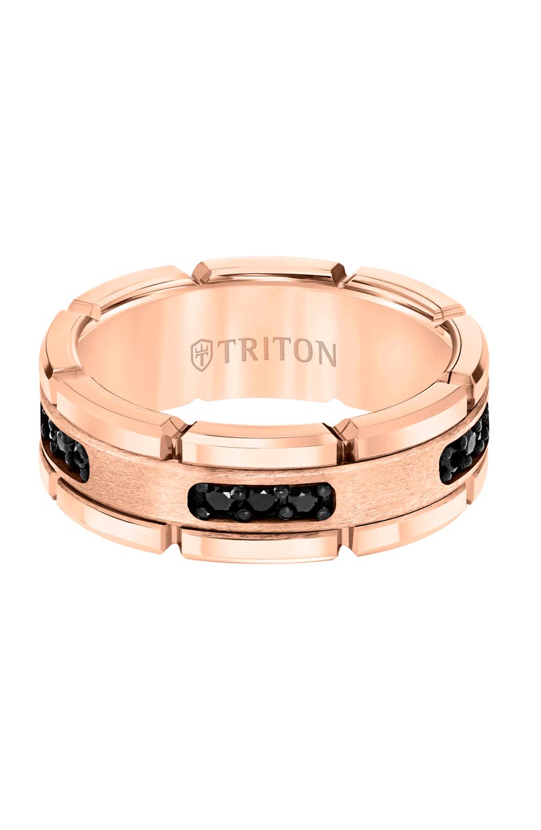 Triton 8mm White Tungsten Carbide Link Edge Ring with Black Diamonds, Satin Finish, Alternate, color, 