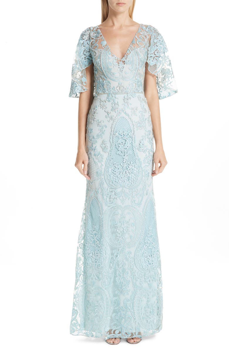 PatBO Patricia Bonaldi PatBO Flutter Sleeve Beaded Lace Gown, Main, color,