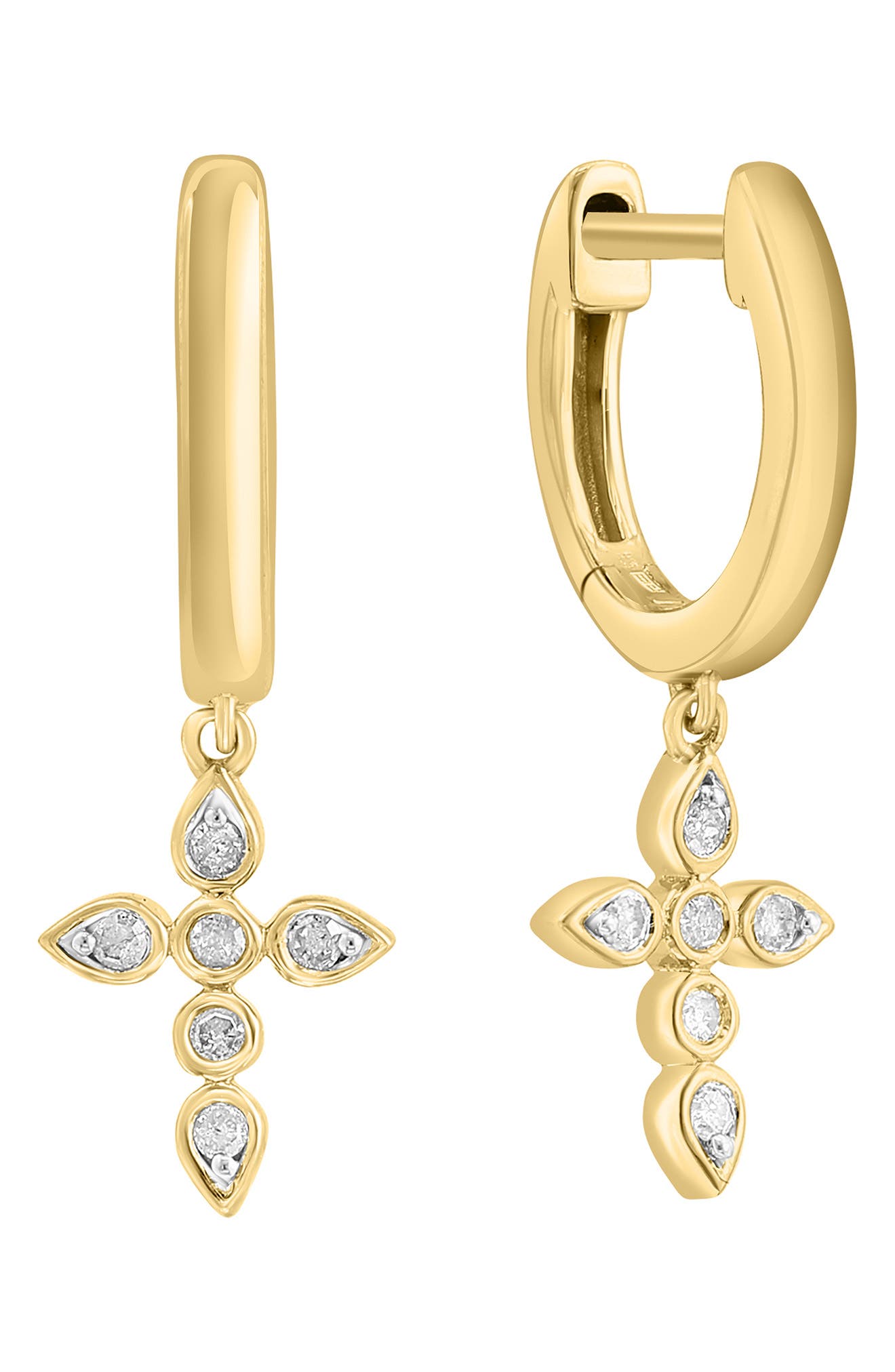 EFFY 14K Gold Plated Sterling Silver Diamond Cross Drop Huggie Hoop Earrings - 0.06ct.