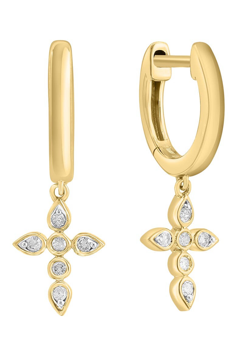 14K Gold Plated Sterling Silver Diamond Cross Drop Huggie Hoop Earrings - 0.06ct., Main, color, YELLOW GOLD