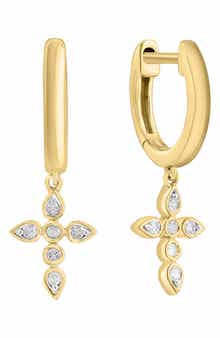 EFFY 14K Gold Plated Sterling Silver Diamond Cross Drop Huggie Hoop Earrings - 0.06ct.