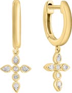 EFFY 14K Gold Plated Sterling Silver Diamond Cross Drop Huggie Hoop Earrings - 0.06ct.