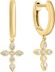 EFFY 14K Gold Plated Sterling Silver Diamond Cross Drop Huggie Hoop Earrings - 0.06ct.