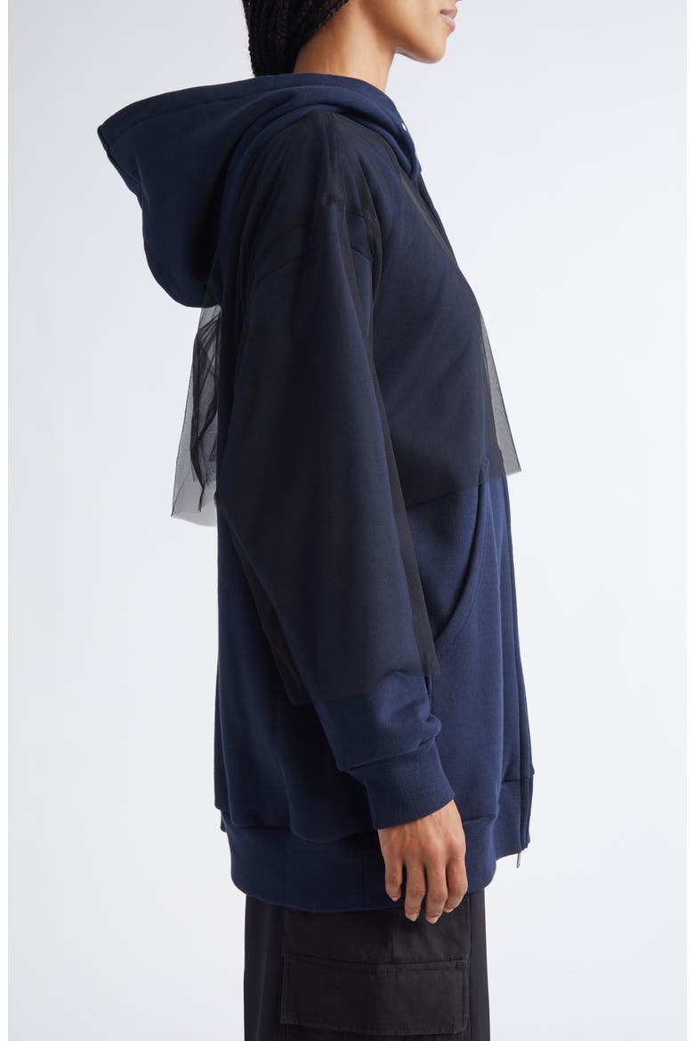 Tulle Overlay Oversize Cotton Fleece Zip-Up Hoodie, Alternate, color, NAVY