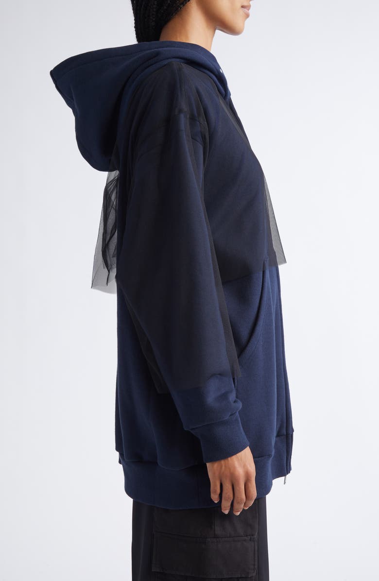 Undercover Tulle Overlay Oversize Cotton Fleece Zip-Up Hoodie, Alternate, color, Navy