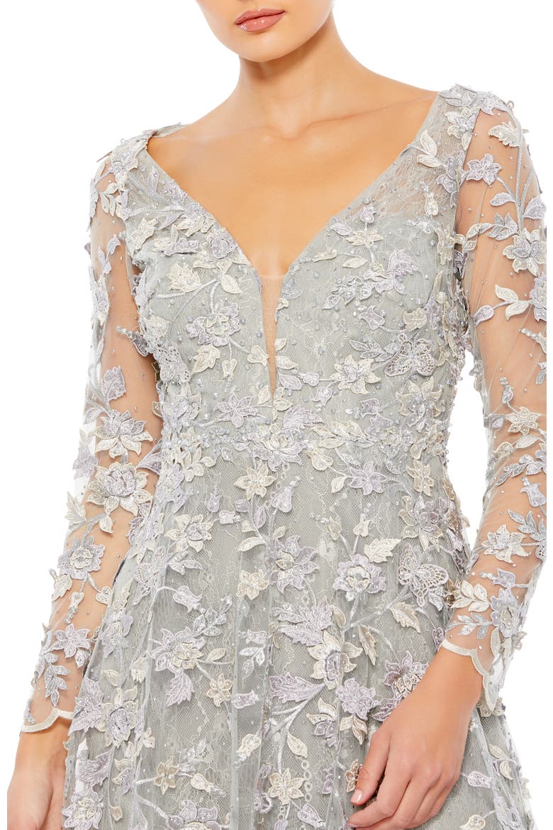 Floral Applique Long Sleeve Illusion Gown, Alternate, color, PLATINUM